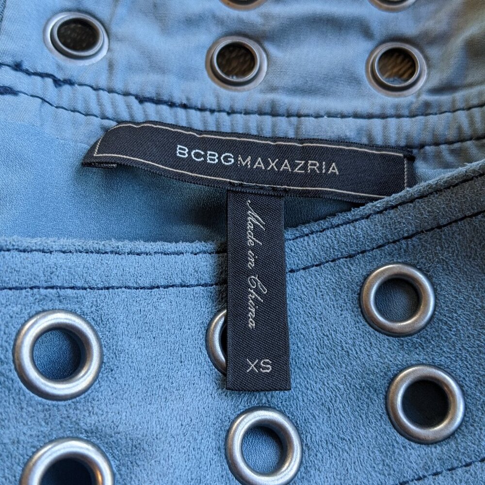 BCBG Max Azria Blue Faux Suede Wrap Style Lined Mini Skirt, Size XS - Picture 2 of 7